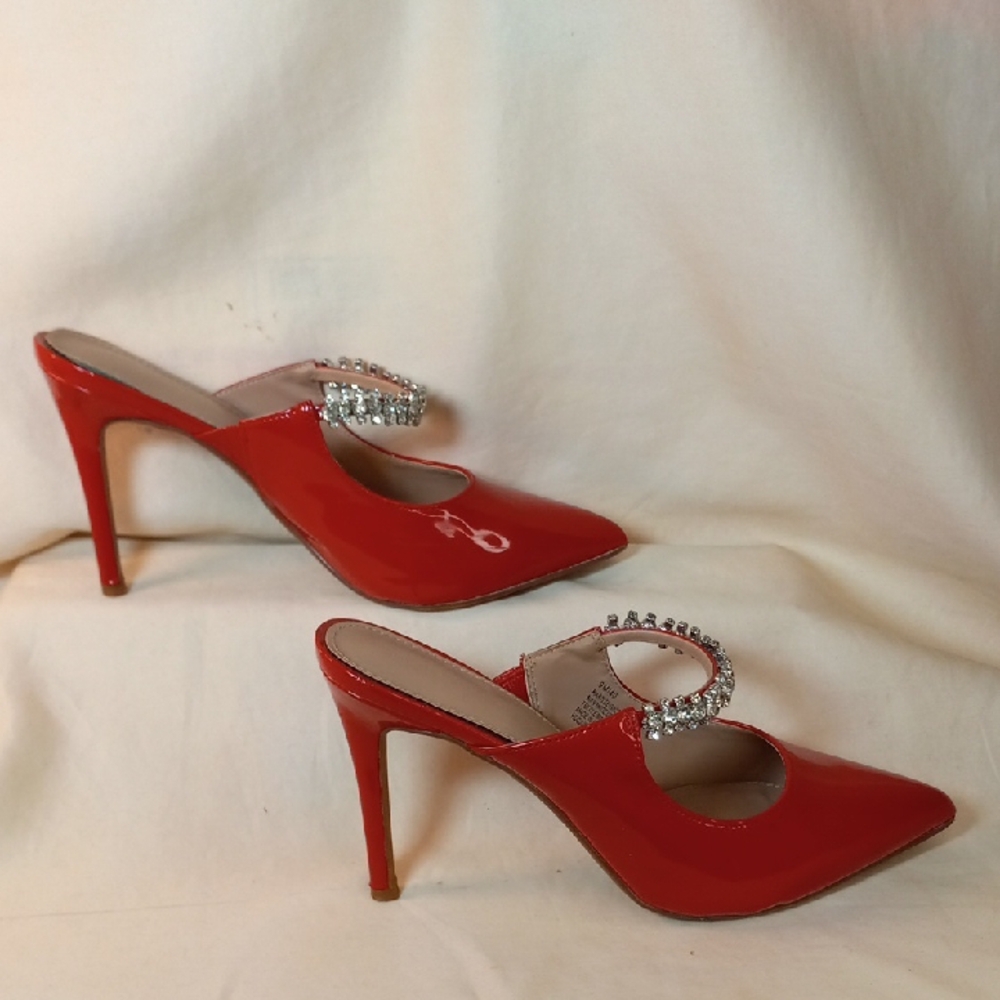 BCBGeneration Red Patent Pointed-Toe Mules with Crystal Strap